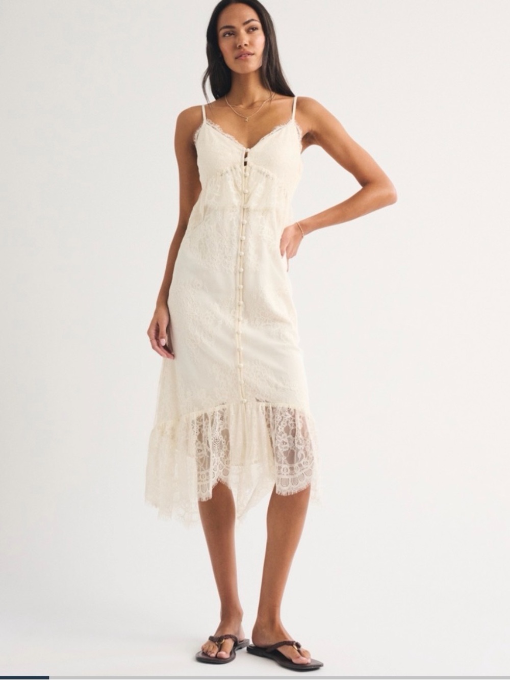 Abercrombie & Fitch Cream Lace-Trim Spaghetti Strap Midi Dress